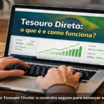 Pessoa usando notebook para acessar o Tesouro Direto, com gráficos financeiros na tela e ambiente de trabalho aconchegante