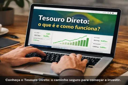 Pessoa usando notebook para acessar o Tesouro Direto, com gráficos financeiros na tela e ambiente de trabalho aconchegante