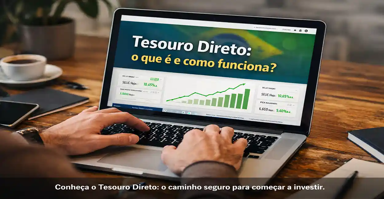 Pessoa usando notebook para acessar o Tesouro Direto, com gráficos financeiros na tela e ambiente de trabalho aconchegante
