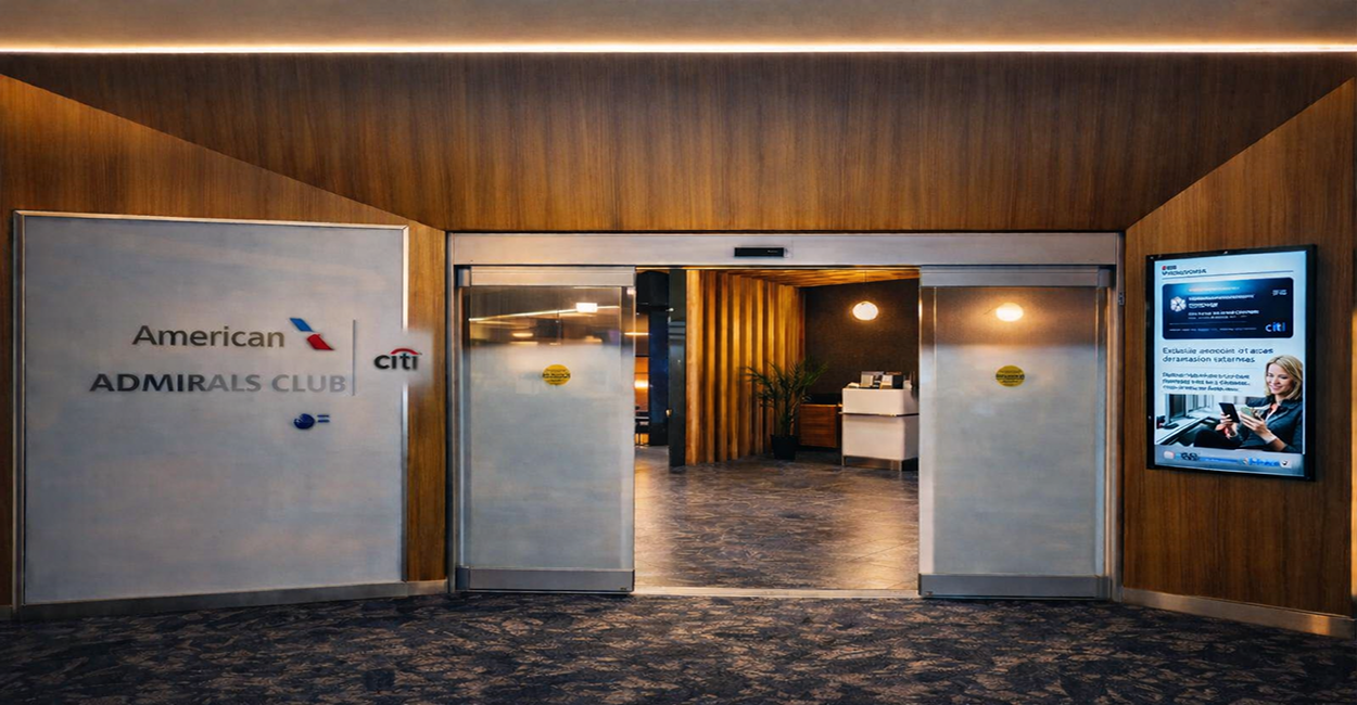 American Airlines Citi acesso premium lounge Admirals Club com painel digital moderno