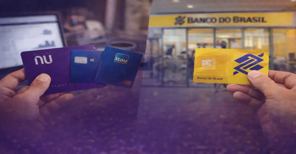bancos digitais x tradicionais com comparação visual entre banco digital no celular e banco tradicional com agência física, destacando segurança financeira e proteção ao cliente