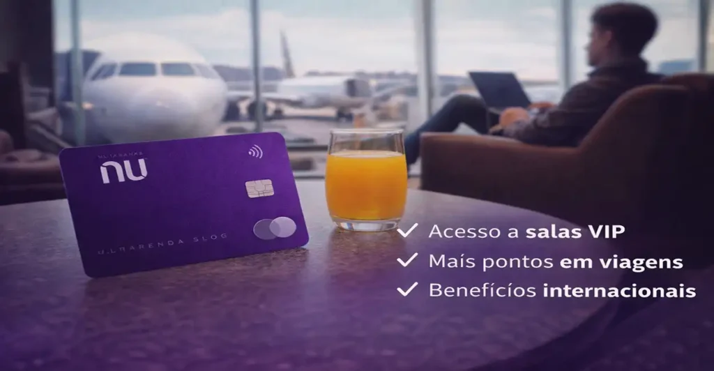 Cartão Nubank Ultravioleta em sala VIP de aeroporto com cenário de viagem e benefícios premium para clientes frequentes