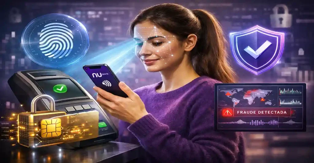 Usuária realizando pagamento por aproximação com celular Nubank usando biometria e sistema de segurança digital avançado
