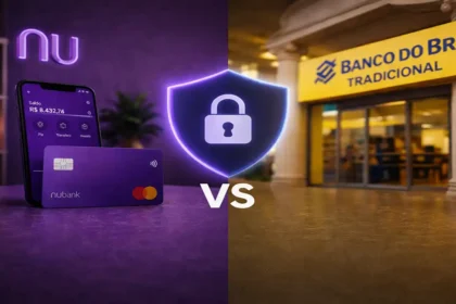 bancos digitais x tradicionais com comparação visual entre Nubank digital e Banco do Brasil tradicional com símbolo VS ao centro