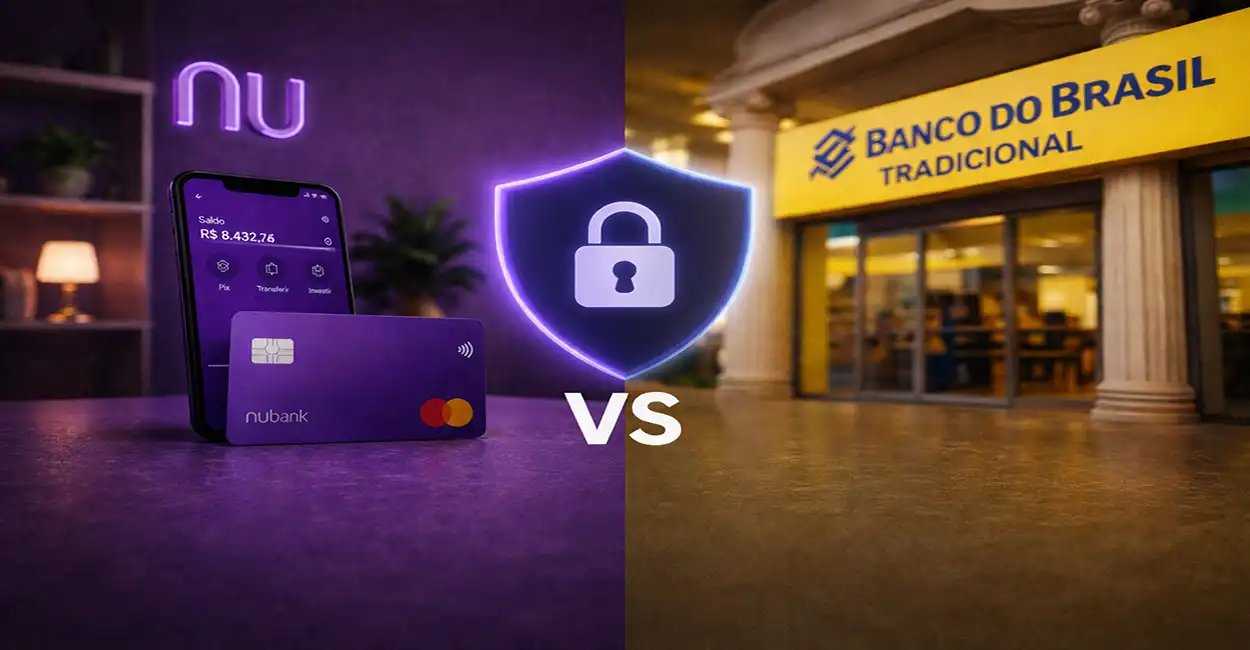 bancos digitais x tradicionais com comparação visual entre Nubank digital e Banco do Brasil tradicional com símbolo VS ao centro